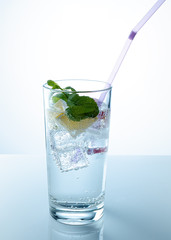 A glass of mineral water with an orange slice and mint