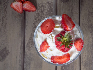 Ice cream with fresh strawberries. Top view - 306792713