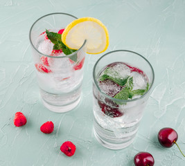 Detox infused flavored water with raspberry, limon and cherry