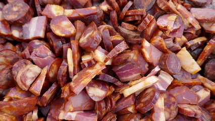 Black pig chorizo ​​and bacon, smoked and chopped. A traditional specialty in Spain and Portugal ,