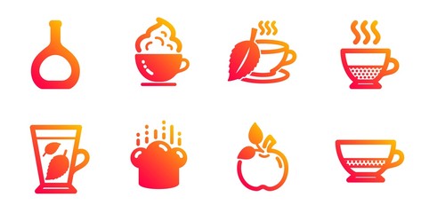 Fototapeta na wymiar Doppio, Cooking hat and Cognac bottle line icons set. Mint leaves, Eco food and Mint tea signs. Coffee cup, Bombon coffee symbols. Chef, Brandy alcohol. Food and drink set. Vector