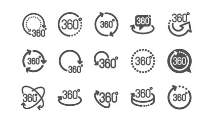 360 degrees icons. Rotate arrow, VR panoramic simulation and augmented reality. 360 degrees virtual gaming, abstract geometry, full rotation view icons. Classic set. Quality set. Vector