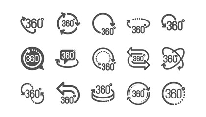 360 degrees icons. Rotate arrow, VR panoramic simulation and augmented reality. 360 degrees virtual gaming, abstract geometry, full rotation view icons. Classic set. Quality set. Vector
