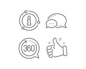 360 degrees line icon. Chat bubble, info sign elements. VR simulation sign. Panoramic view symbol. Linear 360 degrees outline icon. Information bubble. Vector