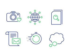 Fast recovery, Search files and Mail letter line icons set. Photo camera, International globe and Talk bubble signs. Backup timer, Magnifying glass, Read e-mail. Love photos. Education set. Vector