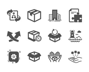 Set of Industrial icons, such as Parcel, Intersection arrows, Buildings, Technical algorithm, Delivery timer, Strategy, Consolidation, Hold box, Lighthouse, Opened box, Return package. Vector