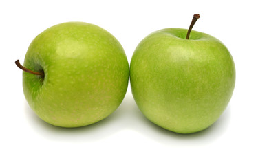 Two green apple isolated on white background. Creative healthy food concept. Nature, juice. Top view, flat lay
