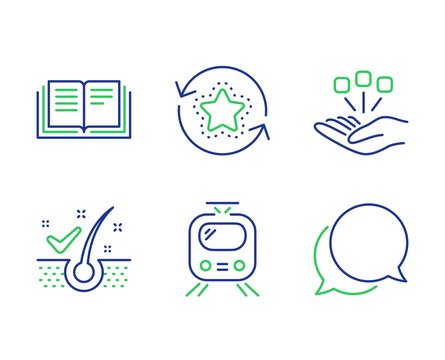 Education, Consolidation and Train line icons set. Anti-dandruff flakes, Loyalty points and Chat message signs. Instruction book, Strategy, Tram. Healthy hair. Technology set. Vector