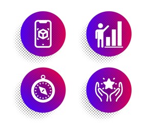 Augmented reality, Graph chart and Travel compass icons simple set. Halftone dots button. Ranking sign. Phone simulation, Growth report, Trip destination. Hold star. Technology set. Vector
