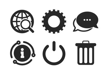 Recycle bin delete and power sign symbols. Chat, info sign. Globe magnifier glass and cogwheel gear icons. Classic style speech bubble icon. Vector