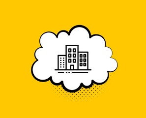 Buildings line icon. Comic speech bubble. City apartments sign. Architecture building symbol. Yellow background with chat bubble. Buildings icon. Colorful banner. Vector