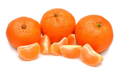 Mandarines, tangerine, clementine fruit whole and without peel isolated on white background. Creative food concept