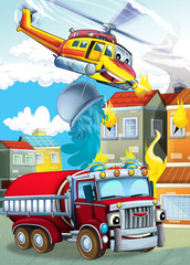 cartoon scene with different fire fighter machines helicopter and fire brigade truck illustration for children