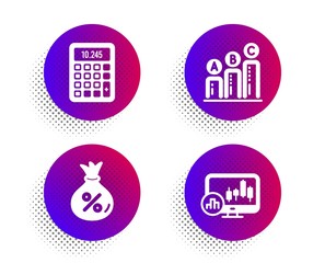 Loan, Graph chart and Calculator icons simple set. Halftone dots button. Candlestick chart sign. Money bag, Growth report, Accounting device. Report analysis. Finance set. Vector