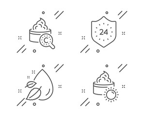 Fototapeta premium Water drop, Collagen skin and 24 hours line icons set. Sun cream sign. Serum oil, Skin care, Protection. Face lotion. Beauty set. Line water drop outline icon. Vector