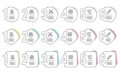 Loyalty card, Employee hand and Screwdriverl line icons set. Infographic timeline. Time management, Pencil and Presentation signs. Bonus points, Work gear, Repair tool. Alarm clock. Vector
