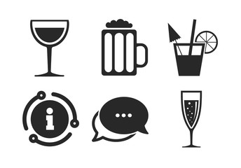 Champagne sparkling wine with bubbles and beer symbols. Chat, info sign. Alcoholic drinks icons. Wine glass and cocktail signs. Classic style speech bubble icon. Vector