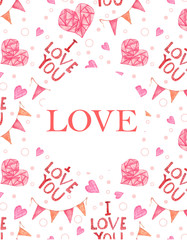 Fototapeta na wymiar Card with pink hearts drawn by hand with watercolors on a white background, card with the word love in pink for Valentine's day