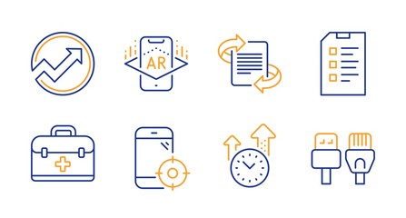 Audit, First aid and Checklist line icons set. Augmented reality, Time management and Marketing signs. Seo phone, Computer cables symbols. Arrow graph, Medicine case. Science set. Vector