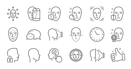 Face recognize line icons. Biometrics detection, Face id and scanning. Identification linear icon set. Quality line set. Vector