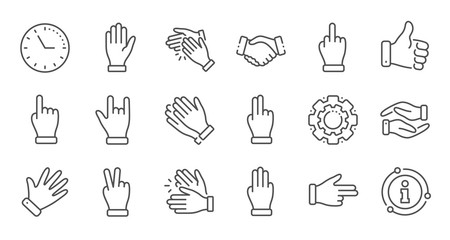 Hand gestures line icons. Handshake, Clapping hands, Victory. Horns, Thumb up finger, drag and drop icons. Donation hand gestures, middle finger, helping hand. Linear set. Quality line set. Vector