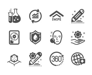 Set of Science icons, such as Update data, World medicine, Augmented reality, Project edit, Brand contract, Employee hand, Swipe up, Face search, Chemistry flask, Hdd, Blood donation. Vector
