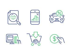 Shopping, Car leasing and Online payment line icons set. Graph phone, Analytics chart and Payment signs. Add to cart, Transport discount, Money. Mobile statistics. Finance set. Vector