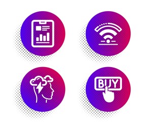 Mindfulness stress, Report document and Wifi icons simple set. Halftone dots button. Buying sign. Cloud storm, Page with charts, Wireless internet. E-commerce shopping. Technology set. Vector
