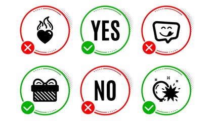 Yummy smile, Gift and Heart flame icons simple set. Yes no check box. Balloon dart sign. Emoticon, Present, Love fire. Attraction park. Holidays set. Yummy smile icon. Check mark. Vector