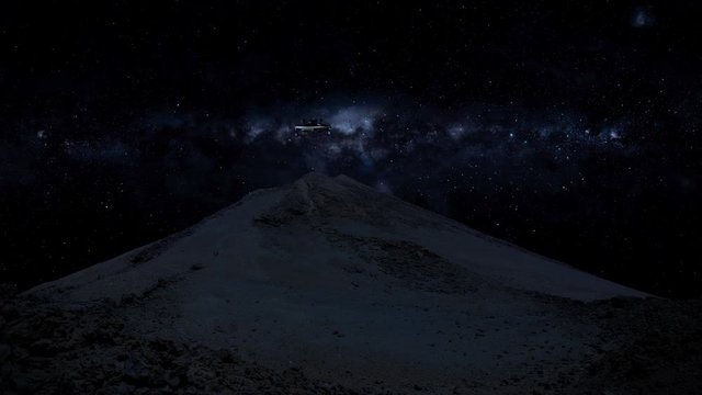 A UFO rising up from behind a mountain, hovering over the mountain and then flying off into the night.