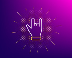 Fototapeta premium Horns hand line icon. Halftone pattern. Two fingers palm sign. Gesture symbol. Gradient background. Horns hand line icon. Yellow halftone pattern. Vector