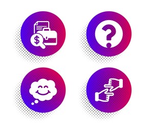 Question mark, Smile and Accounting report icons simple set. Halftone dots button. Click hands sign. Ask support, Comic chat, Financial case. Direction. Business set. Vector
