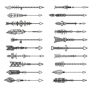 Hand drawn ornate arrow. Abstract elements. Set of different arrows with ornaments. Black and white illustration