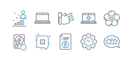 Set of Business icons, such as Blood donation, Time management, Medical help, Stats, Notebook, Recovery hdd, Reject, Natural linen, Technical info, Stars line icons. Line blood donation icon. Vector