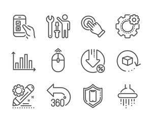 Set of Technology icons, such as Project edit, Mobile survey, 360 degrees, Smartphone protection, Diagram graph, Touchscreen gesture, Swipe up, Repairman, Return package, Cogwheel, Shower. Vector
