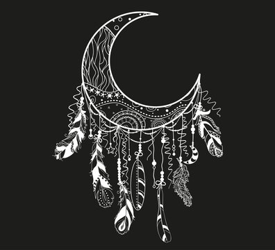 Dreamcatcher on black. Abstract mystic symbol. Design for spiritual relaxation for adults