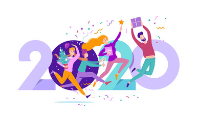 Merry Christmas and Happy New Year 2020 concept. Group of young people jumping through the portal in the new year. Modern flat vector illustration.