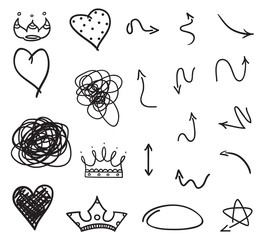 Infographic elements on isolated white background. Hand drawn arrows. Set of different objects. Abstract hearts. Black and white illustration