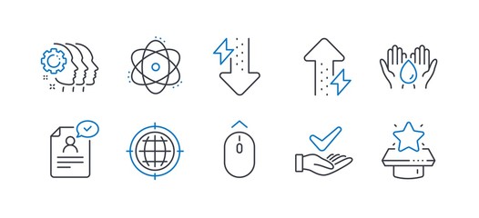 Set of Technology icons, such as Energy growing, Swipe up, Employees teamwork, Resume document, Atom, Dermatologically tested, Seo internet, Energy drops, Safe water, Winner podium. Vector