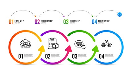 Parcel shipping sign. Infographics timeline. Parcel checklist, Quick tips and Sports arena line icons set. Logistics check, Helpful tricks, Event stadium. Send box. Business set. Vector