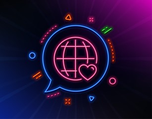 International Love line icon. Neon laser lights. Heart with Globe symbol. Valentines day sign. Glow laser speech bubble. Neon lights chat bubble. Banner badge with international Love icon. Vector