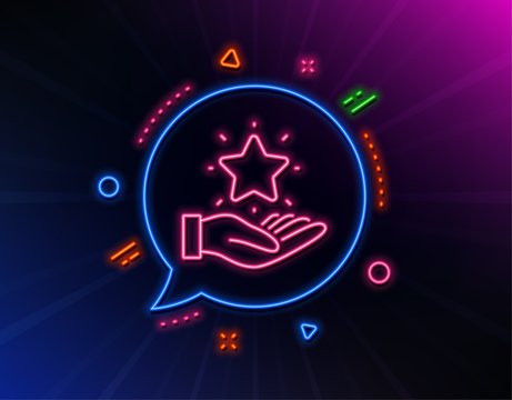 Loyalty program line icon. Neon laser lights. Bonus points. Discount star symbol. Glow laser speech bubble. Neon lights chat bubble. Banner badge with loyalty program icon. Vector