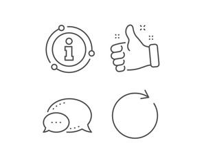 Refresh line icon. Chat bubble, info sign elements. Rotation arrow sign. Reset or Reload symbol. Linear synchronize outline icon. Information bubble. Vector