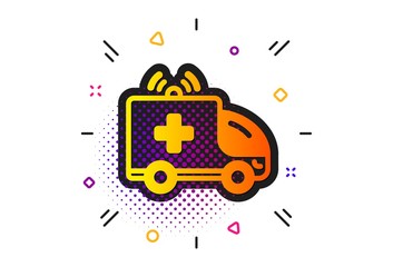 Medical emergency transport sign. Halftone circles pattern. Ambulance car icon. Classic flat ambulance car icon. Vector