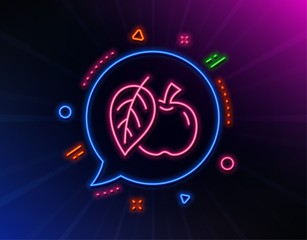 Apple line icon. Neon laser lights. Fresh fruit sign. Natural food symbol. Glow laser speech bubble. Neon lights chat bubble. Banner badge with apple icon. Vector
