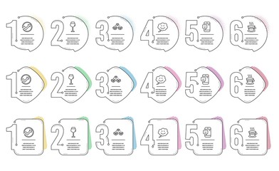 Coffee cup, Smile and Parcel shipping line icons set. Infographic timeline. Audit, Bordeaux glass and Speech bubble signs. Tea mug, Phone feedback, Send box. Arrow graph. Business set. Vector