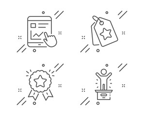 Loyalty tags, Internet report and Ranking star line icons set. Winner podium sign. Bonus reward, Web tutorial, Winner medal. First place. Technology set. Line loyalty tags outline icon. Vector