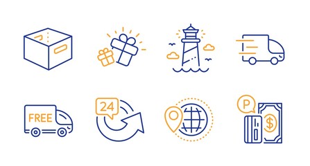 Free delivery, Truck delivery and Gift line icons set. Office box, Lighthouse and 24 hours signs. World travel, Parking payment symbols. Shopping truck, Express service. Transportation set. Vector