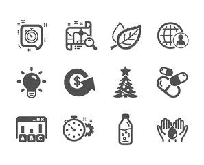 Set of Business icons, such as Light bulb, Capsule pill, Dollar exchange, International recruitment, Water bottle, Timer, Leaf, Search map, Christmas tree, Cogwheel timer, Survey results. Vector
