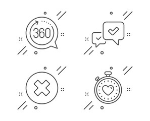 Approve, 360 degrees and Close button line icons set. Heartbeat timer sign. Accepted message, Full rotation, Delete or decline. Love stopwatch. Technology set. Line approve outline icon. Vector